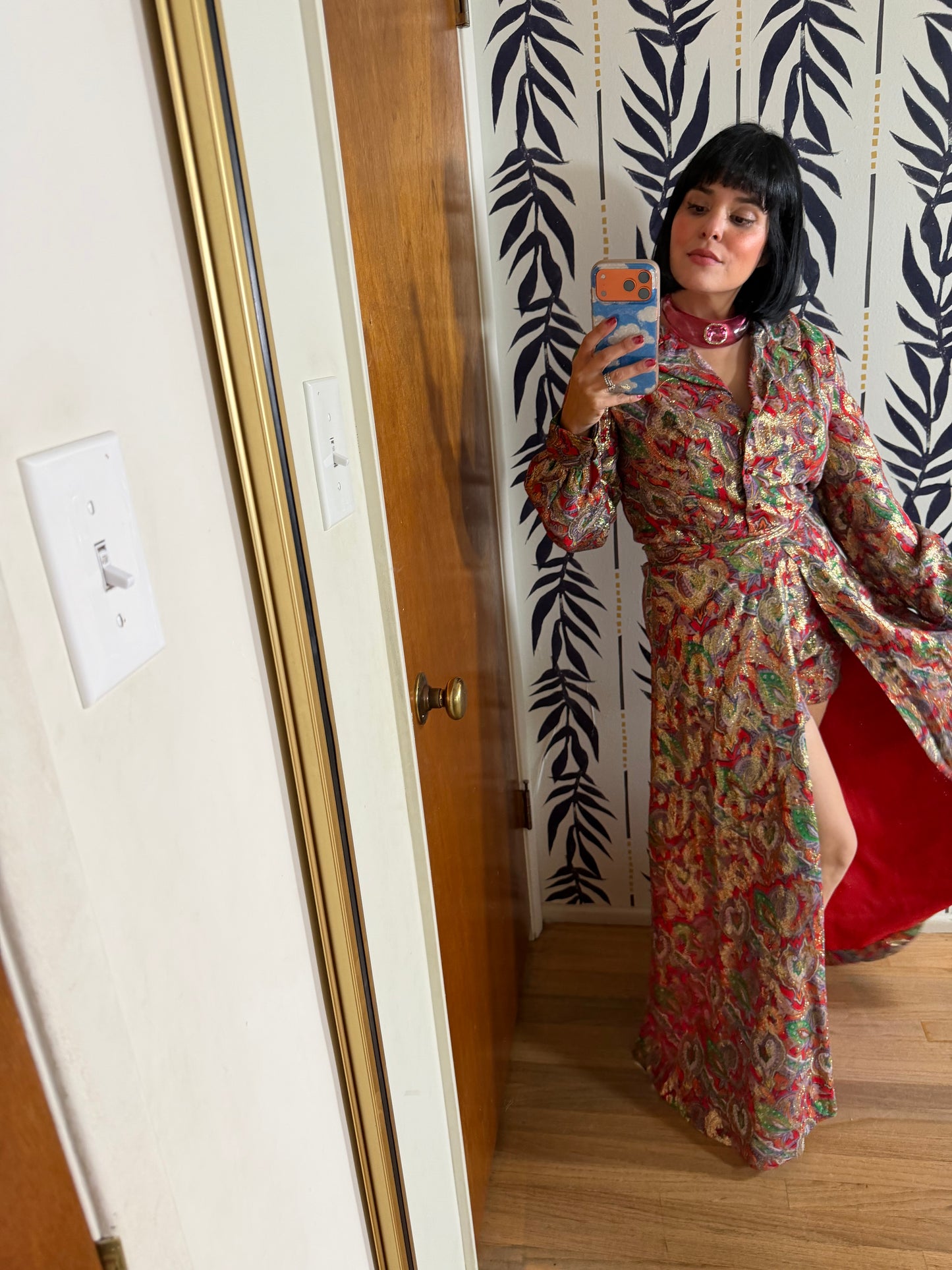 Vintage 60s Red Brocade Paisley Hostess Set by Tina Weiss Fits XS-SM and Possible size M