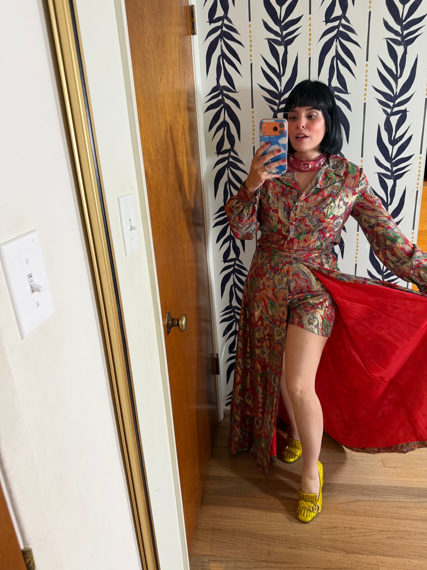 Vintage 60s Red Brocade Paisley Hostess Set by Tina Weiss Fits XS-SM and Possible size M