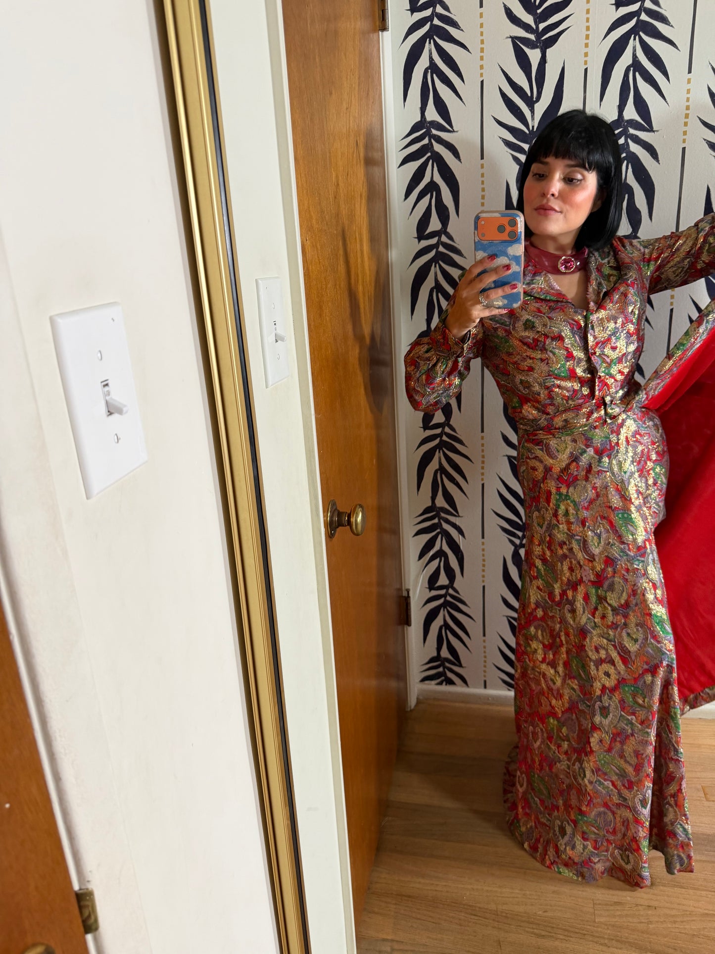 Vintage 60s Red Brocade Paisley Hostess Set by Tina Weiss Fits XS-SM and Possible size M