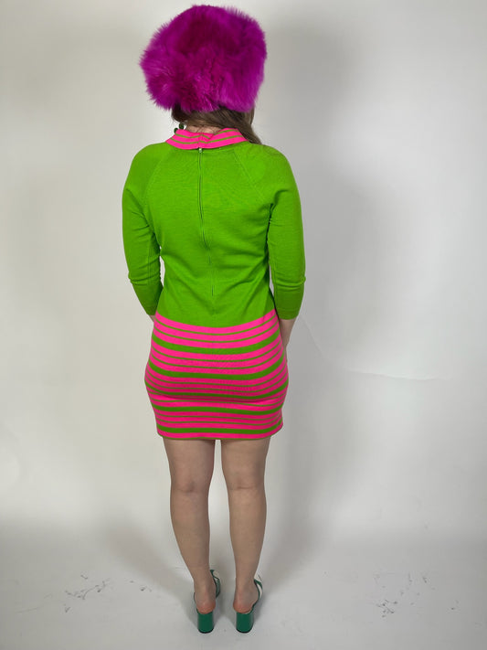 Vintage 60s "Cyrano by Sebastien" Pink & Green Knit Dress - Best Fits Size XS-M
