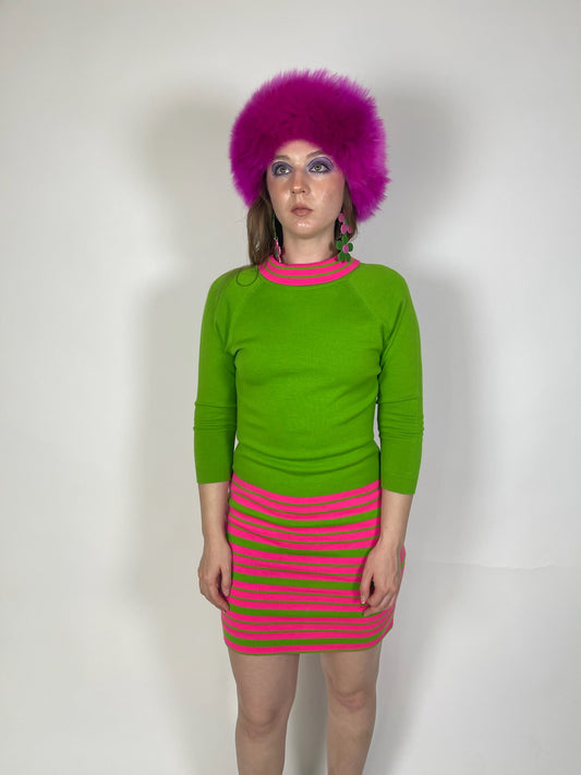 Vintage 60s "Cyrano by Sebastien" Pink & Green Knit Dress - Best Fits Size XS-M