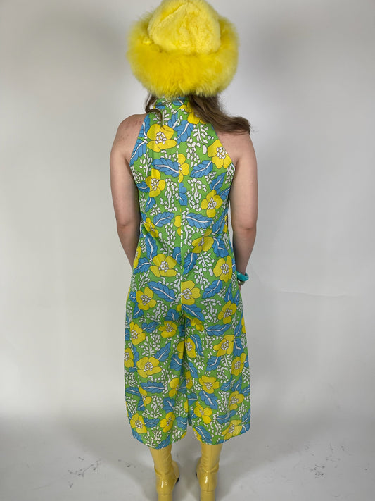 Vintage 60s 70s Nylon Flower Print Jumpsuit - Best Fits Size XS-M