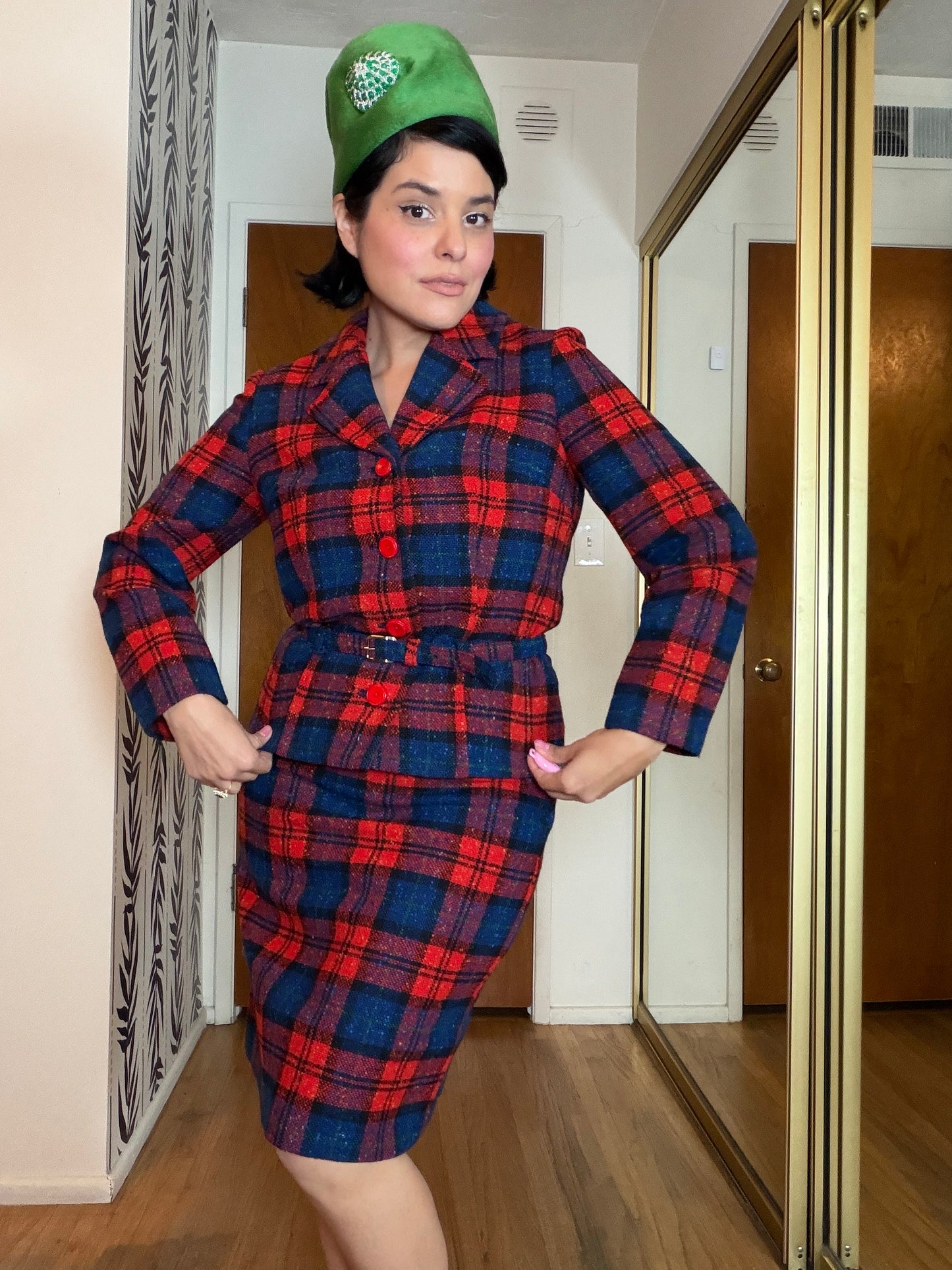 Vintage 60s Pendleton Wool Plaid Blazer Jacket Matching Pencil Skirt Set Fits XS-SM