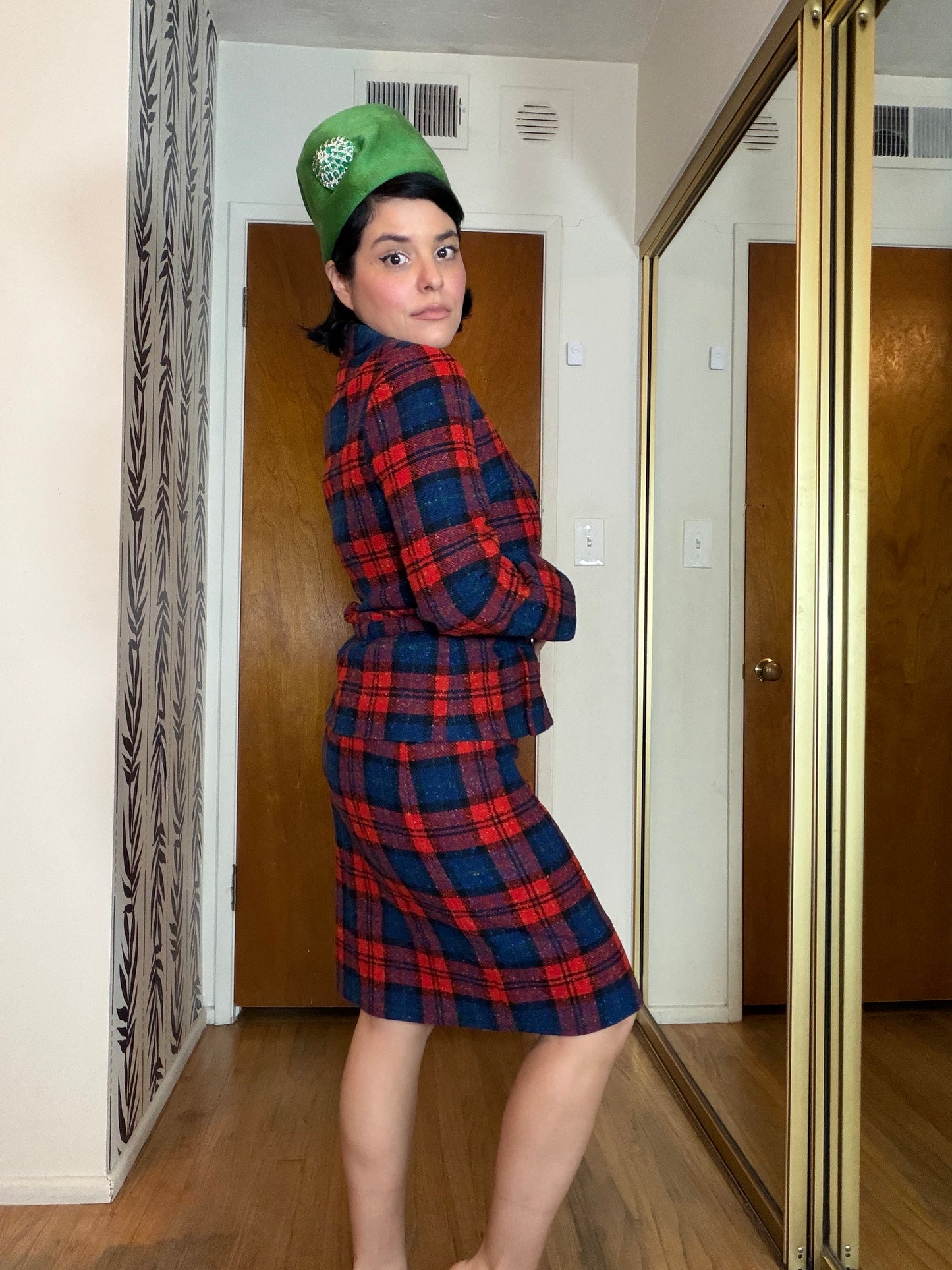 Vintage 60s Pendleton Wool Plaid Blazer Jacket Matching Pencil Skirt Set Fits XS-SM