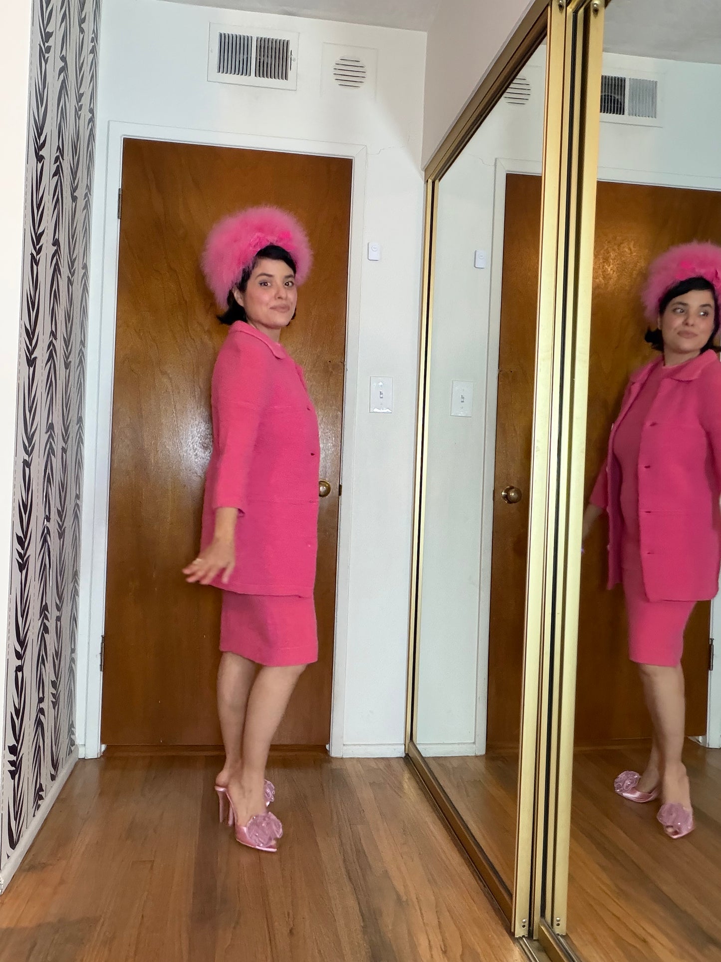 Vintage 60s Solt of California Bubblegum Pink Soft Knit Sweater Matching Wiggle Knit Dress Fits XS-M