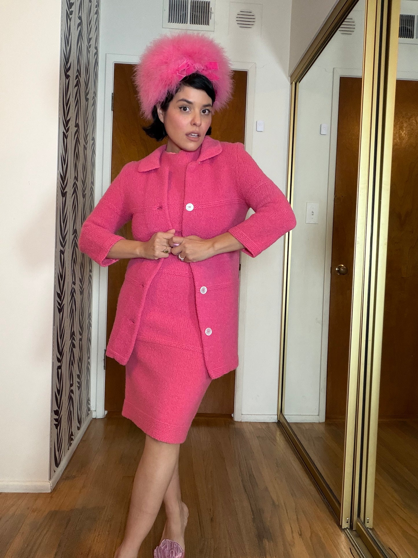 Vintage 60s Solt of California Bubblegum Pink Soft Knit Sweater Matching Wiggle Knit Dress Fits XS-M