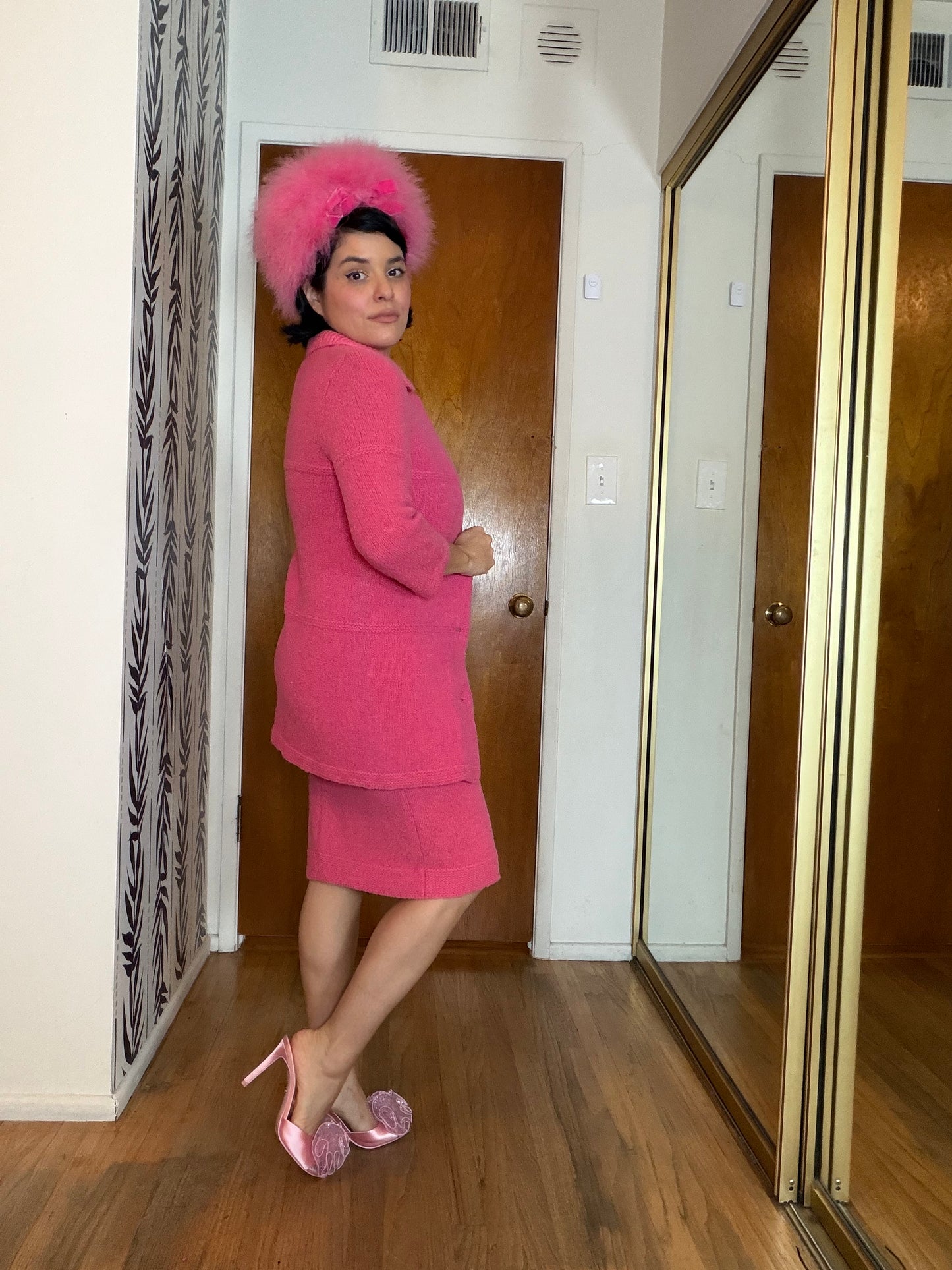 Vintage 60s Solt of California Bubblegum Pink Soft Knit Sweater Matching Wiggle Knit Dress Fits XS-M