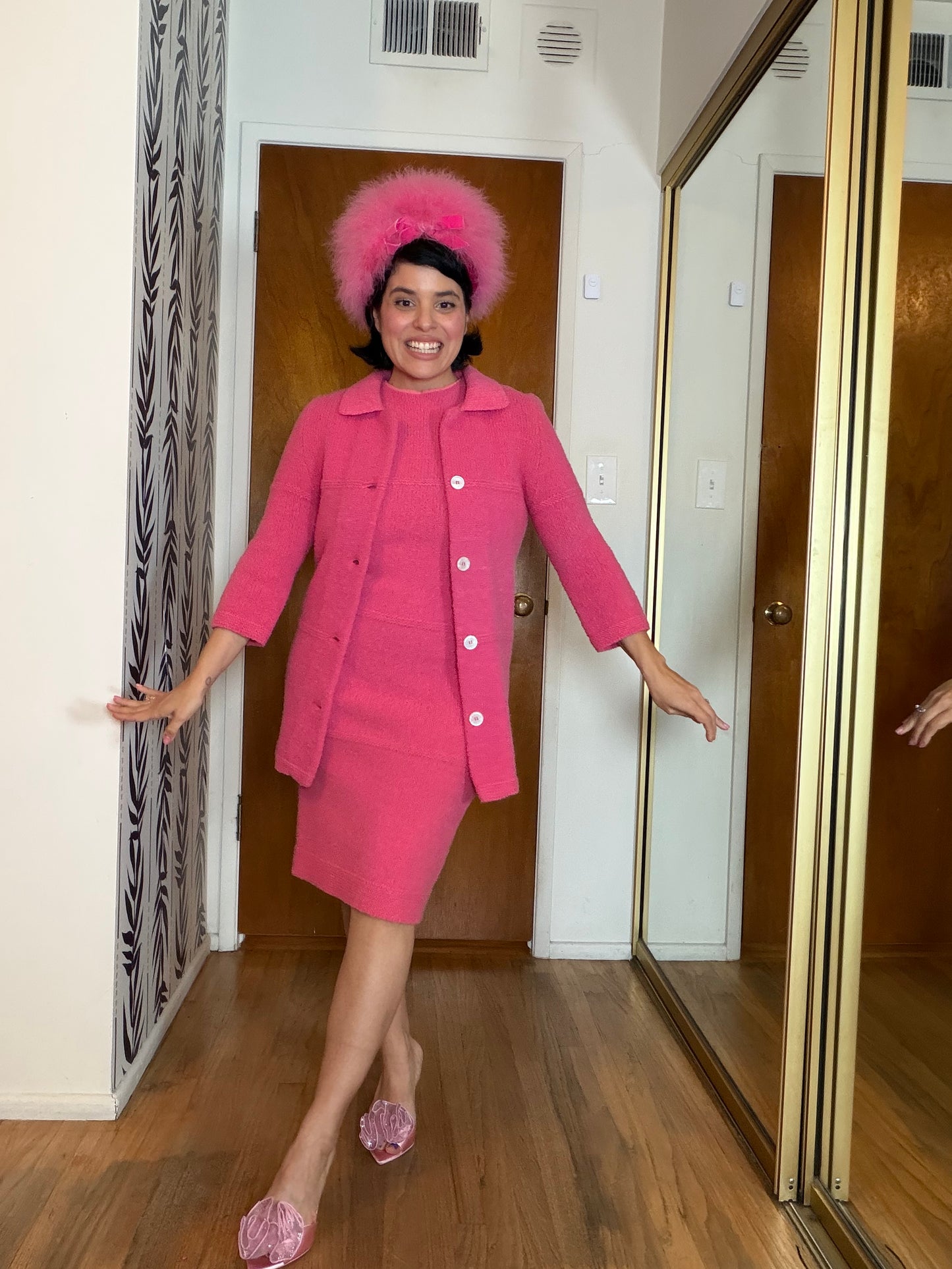 Vintage 60s Solt of California Bubblegum Pink Soft Knit Sweater Matching Wiggle Knit Dress Fits XS-M