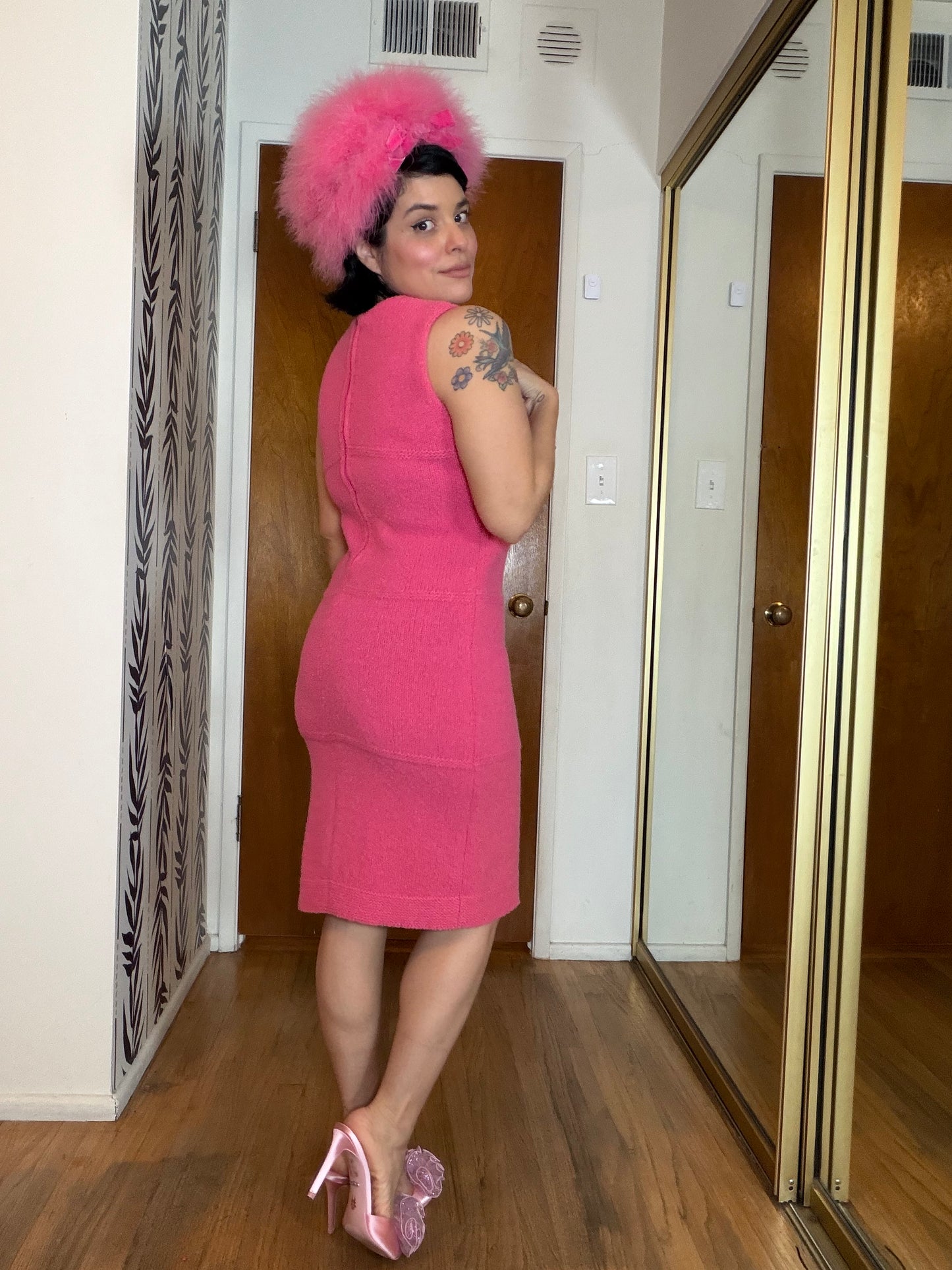 Vintage 60s Solt of California Bubblegum Pink Soft Knit Sweater Matching Wiggle Knit Dress Fits XS-M