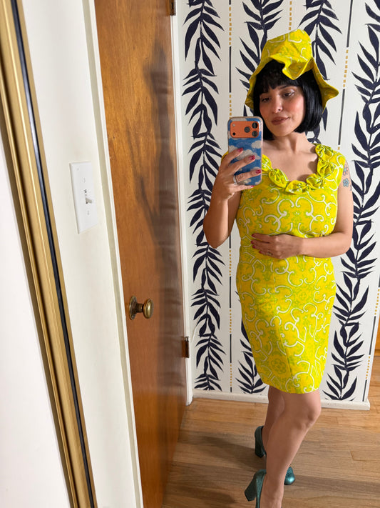 Vintage Mod Palm Springs 60s Citrus Paisley Mini with Hat by Lisa Cobb for Saks 5th Ave XS-SM