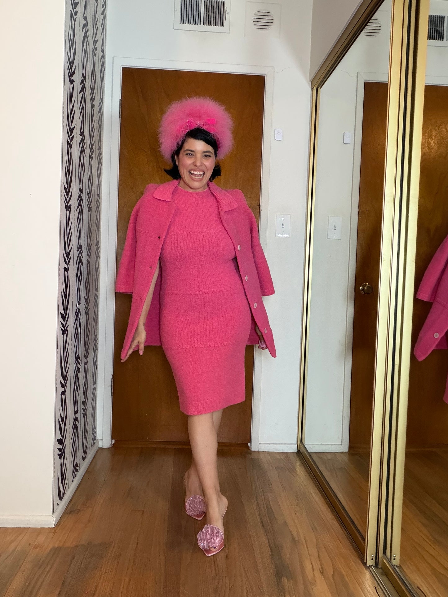 Vintage 60s Solt of California Bubblegum Pink Soft Knit Sweater Matching Wiggle Knit Dress Fits XS-M