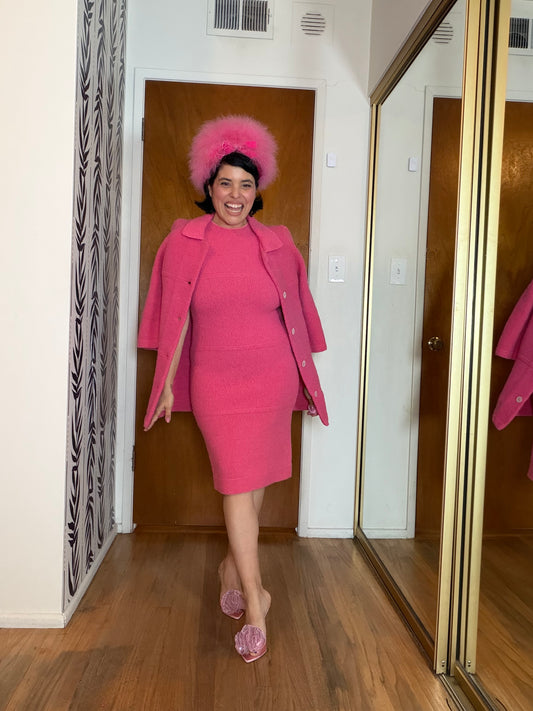 Vintage 60s Solt of California Bubblegum Pink Soft Knit Sweater Matching Wiggle Knit Dress Fits XS-M