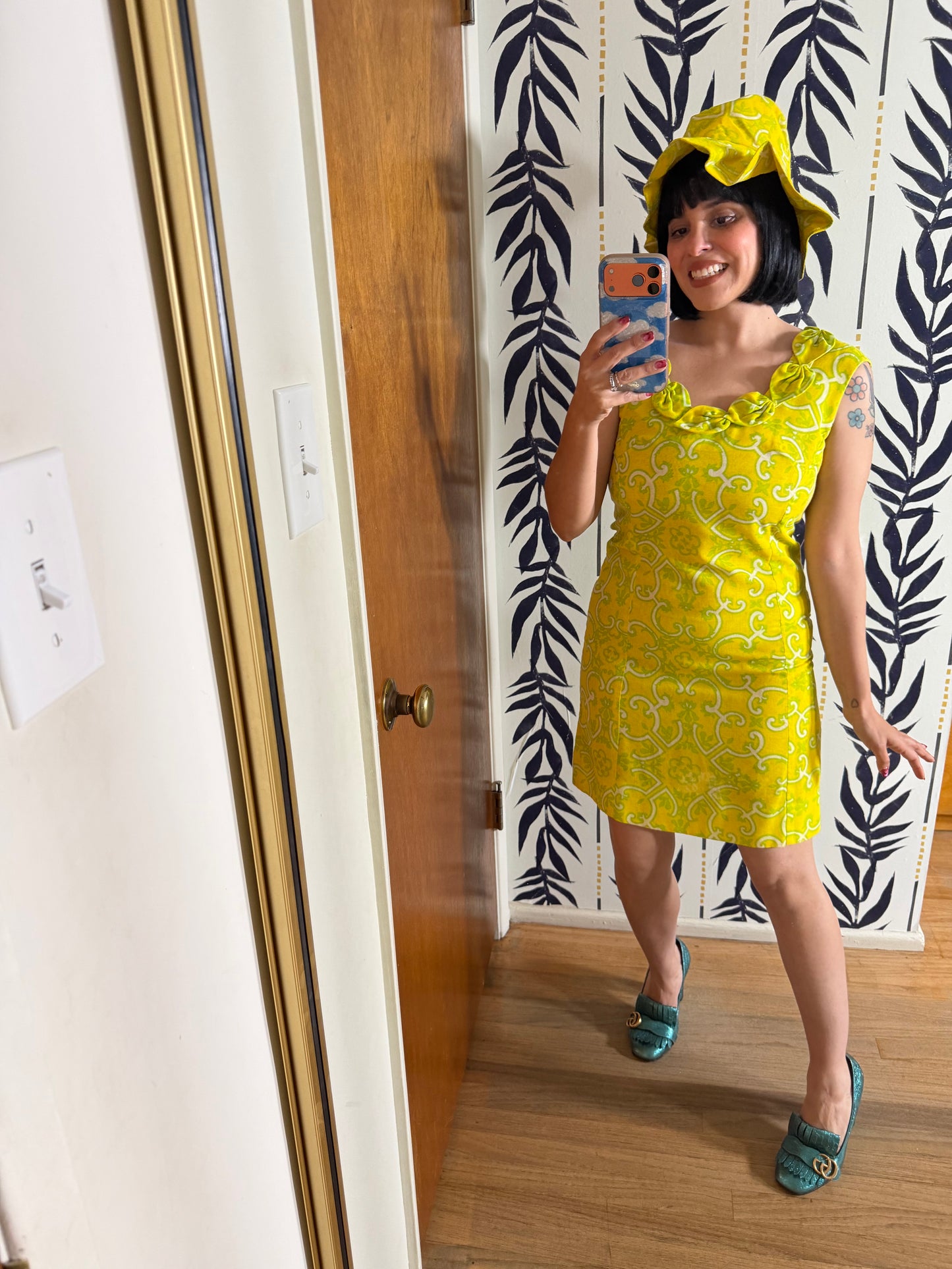 Vintage Mod Palm Springs 60s Citrus Paisley Mini with Hat by Lisa Cobb for Saks 5th Ave XS-SM
