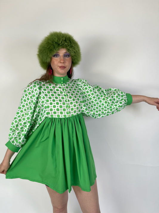 Vintage 60s 70s Green Polka Dot Babydoll Dress - Best Fits Size XS-S, Possibly M