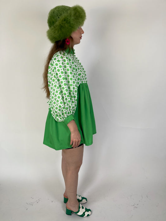 Vintage 60s 70s Green Polka Dot Babydoll Dress - Best Fits Size XS-S, Possibly M