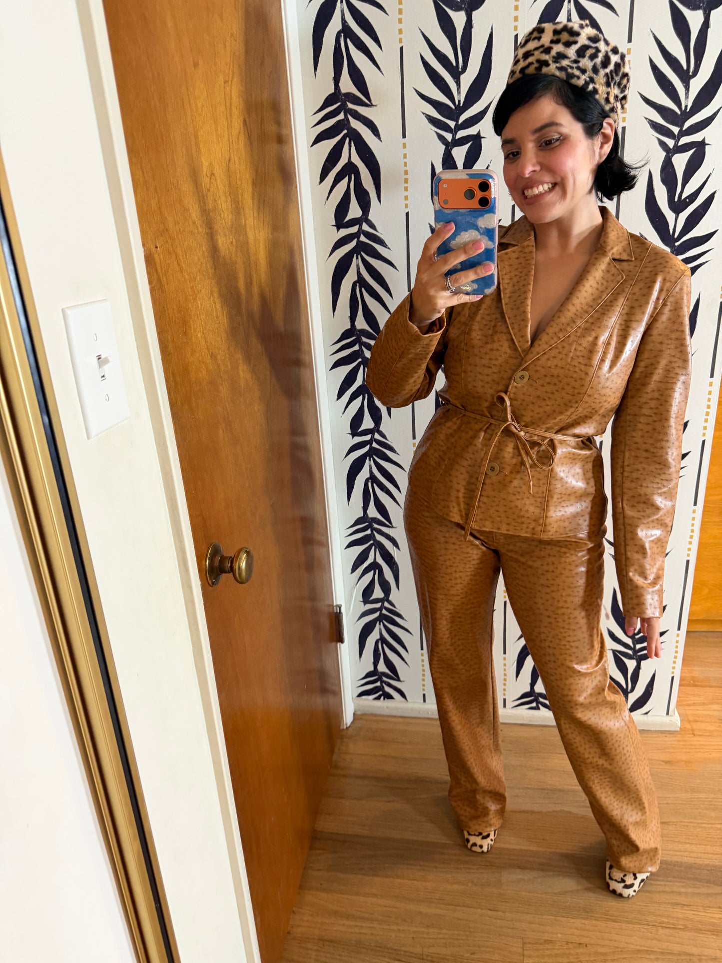 Vintage Vegan Leather 90s / Y2K Ostritch Embossed Blazer Pant Set Fits S-M