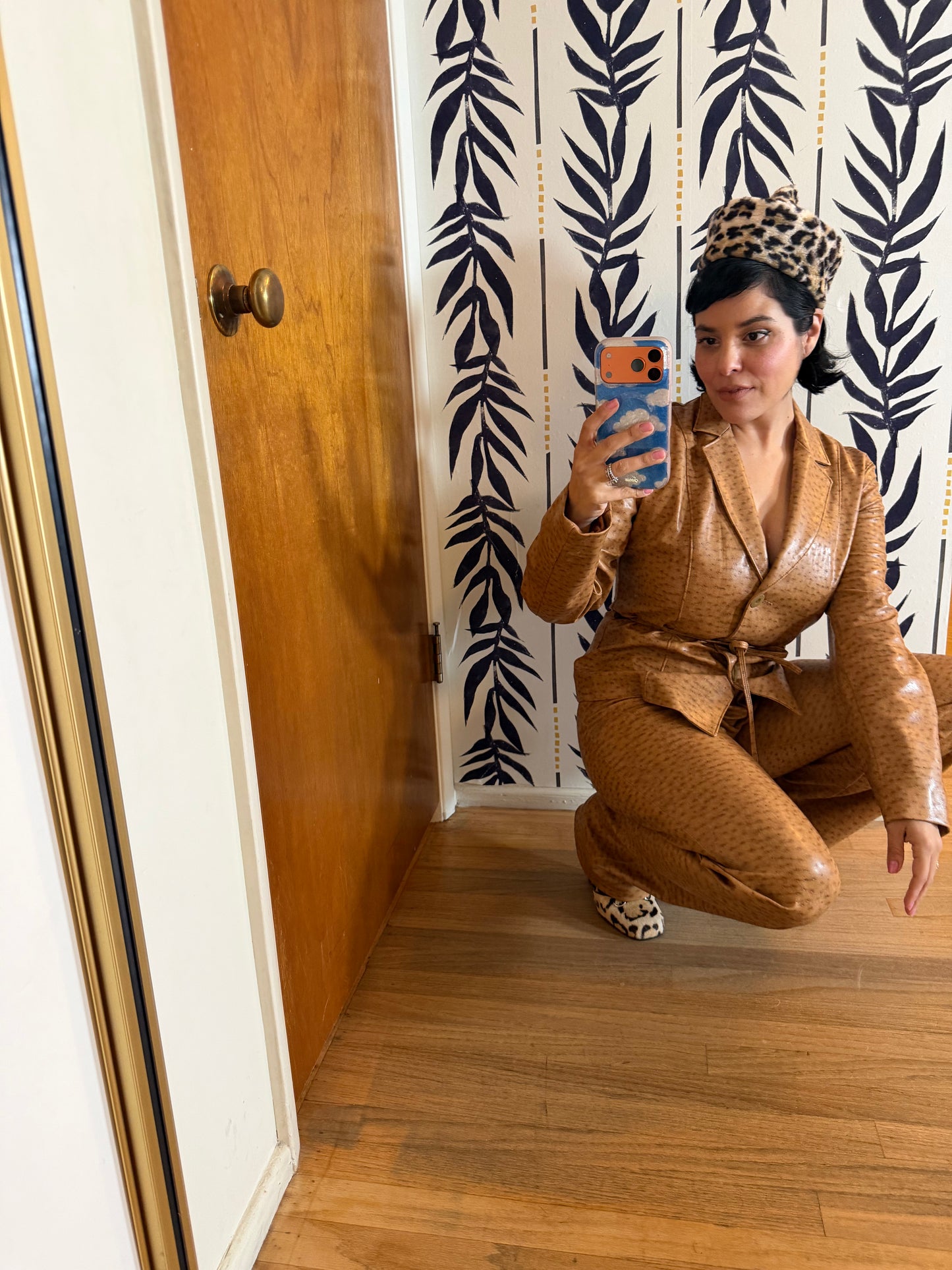 Vintage Vegan Leather 90s / Y2K Ostritch Embossed Blazer Pant Set Fits S-M