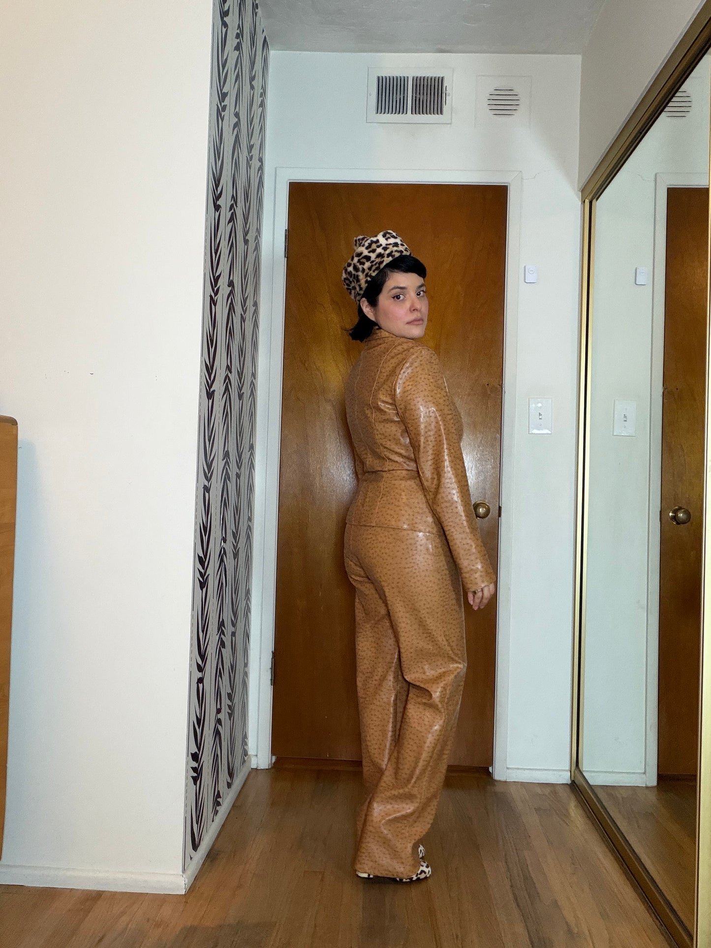 Vintage Vegan Leather 90s / Y2K Ostritch Embossed Blazer Pant Set Fits S-M