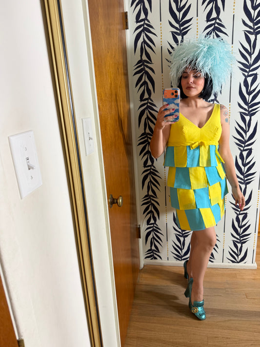 60s Yellow and Blue Carwash Dress by Cat Kay Fits XS-SM