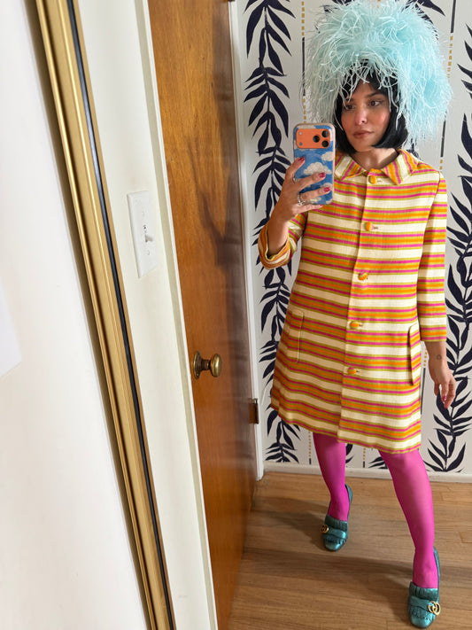Vintage Mod 60s Saks 5th Ave Striped Linen Coat XS-SM