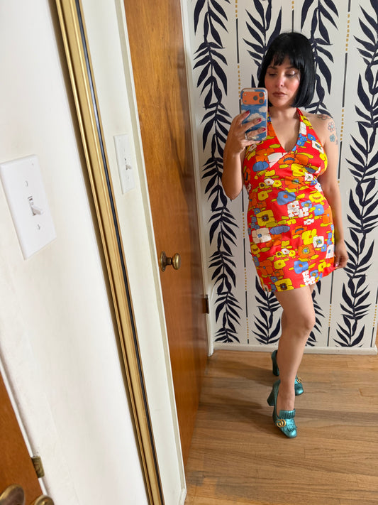 Vintage 60s Vibrant Flower Power Halter Dress Fits XS-M