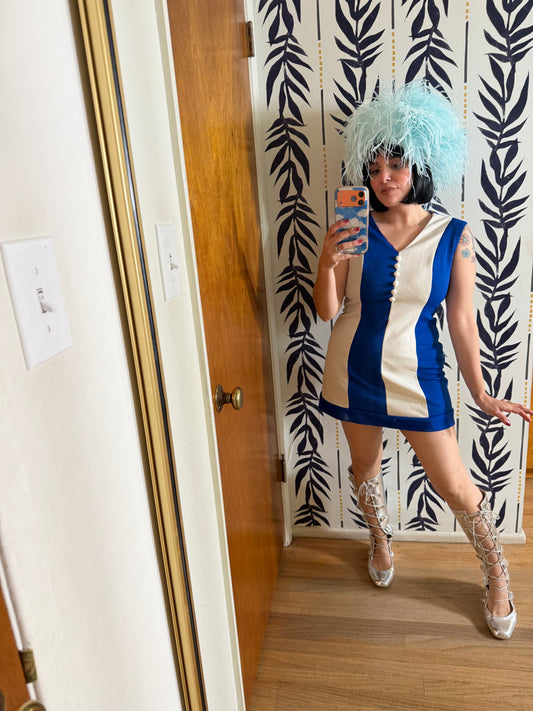 Vintage Mod 60s Blue and White Colorblock Stripe Mini Dress Fits XS-SM