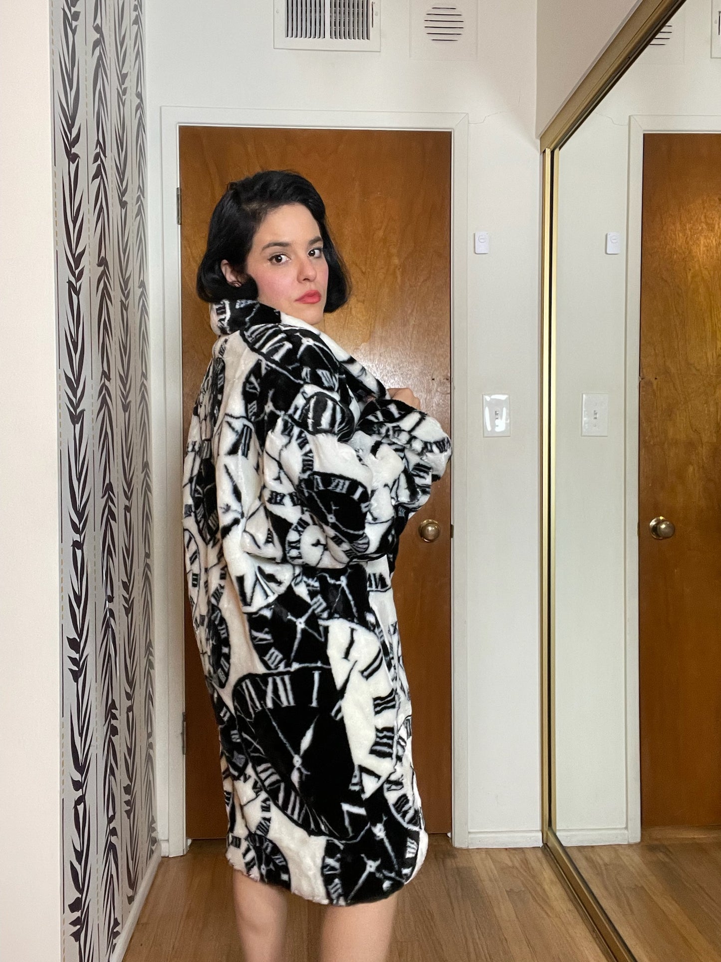 Vintage 80s "Mariel" Faux Fur Black & White Clock Coat - Fits Most Sizes