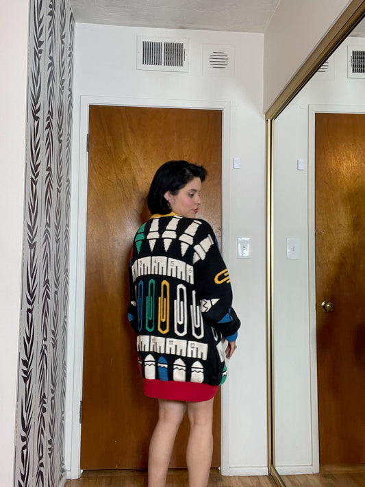 Vintage 80s "IB Diffusion" Sport Novelty School Knit Cardigan - Fits Most Sizes