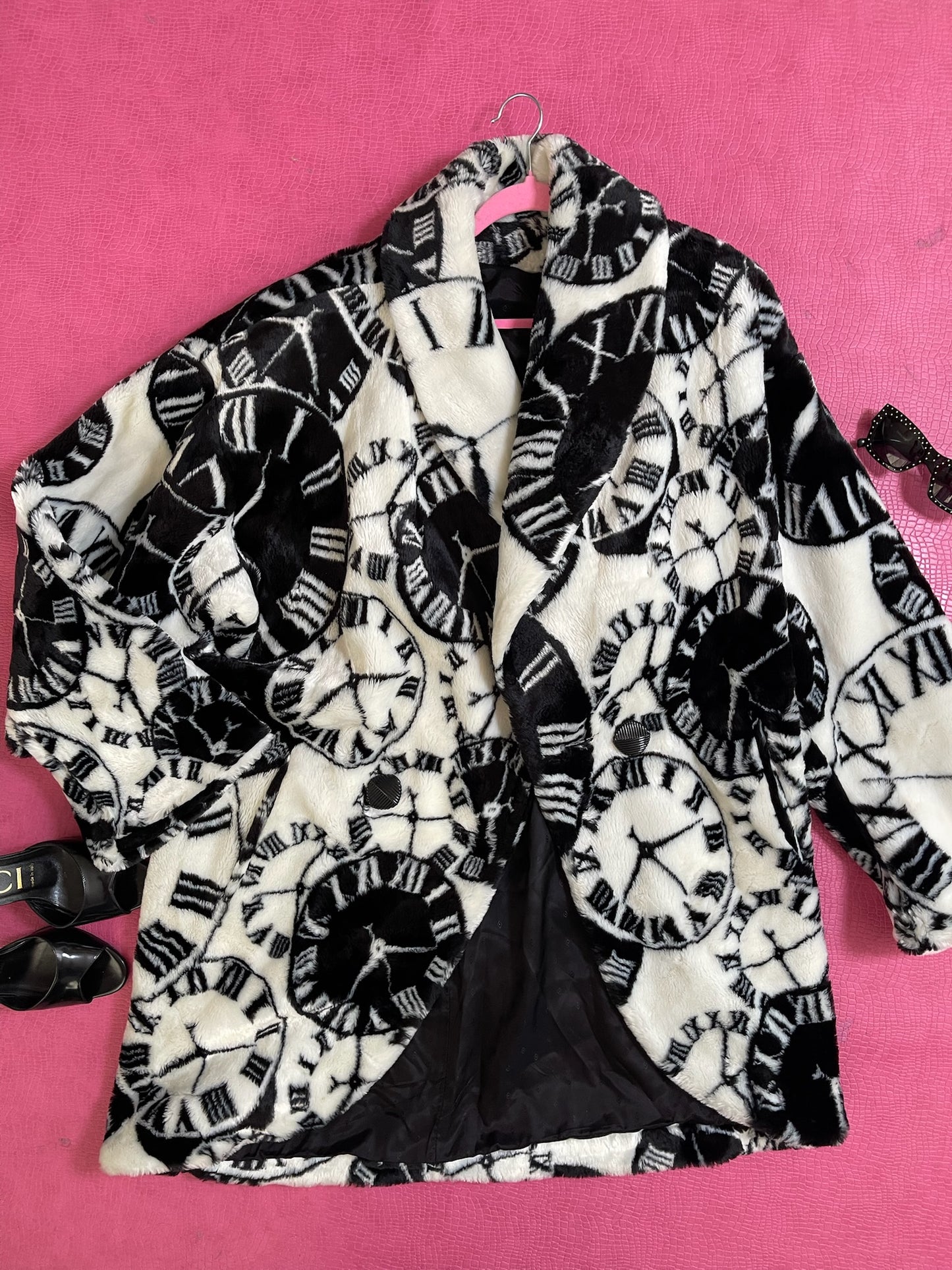 Vintage 80s "Mariel" Faux Fur Black & White Clock Coat - Fits Most Sizes