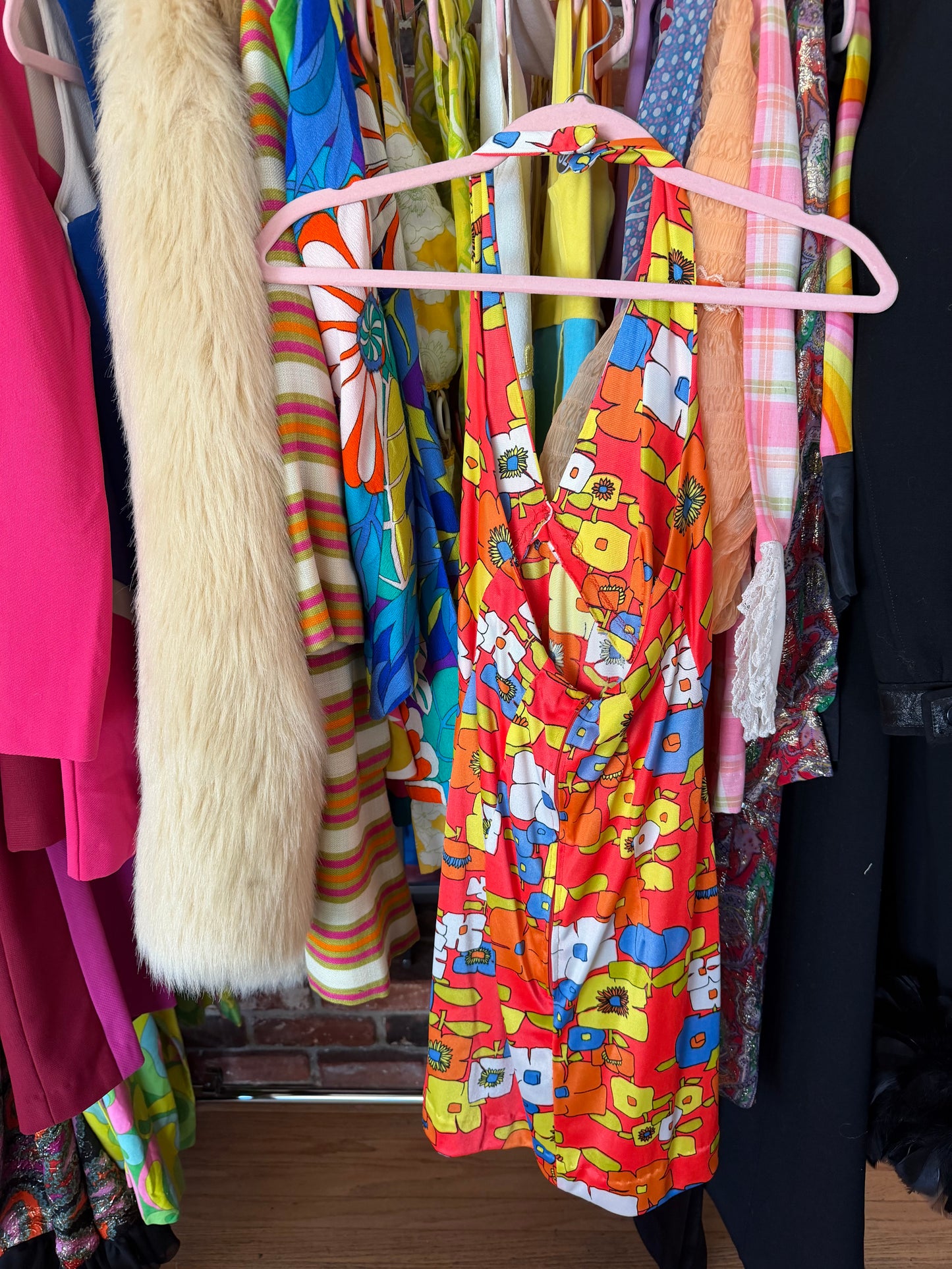 Vintage 60s Vibrant Flower Power Halter Dress Fits XS-M