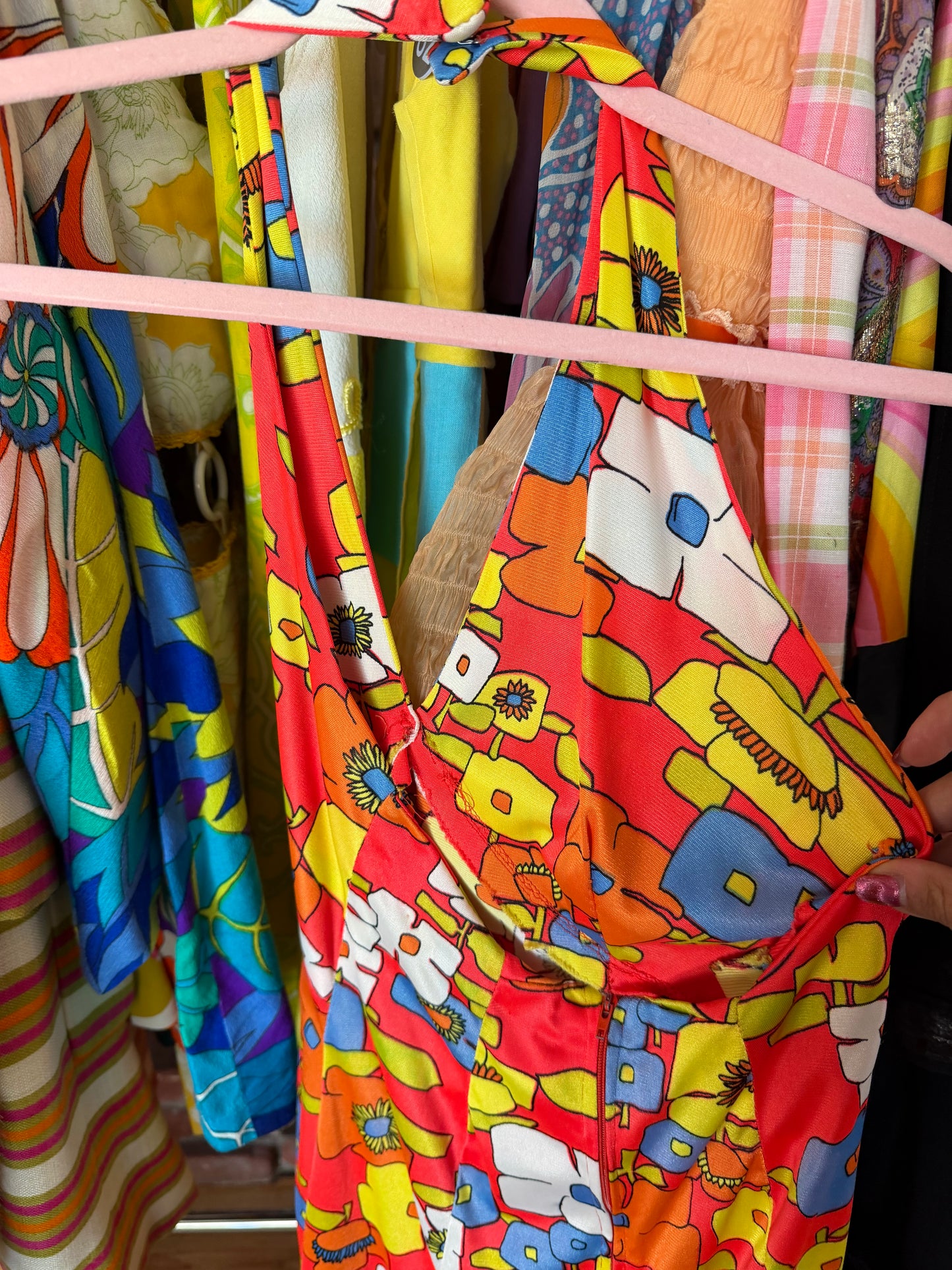 Vintage 60s Vibrant Flower Power Halter Dress Fits XS-M