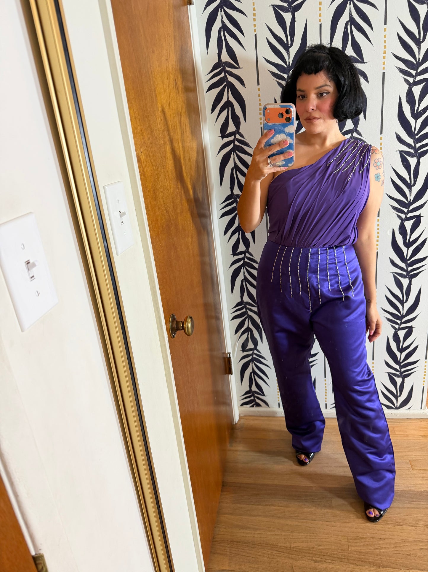 70s/ 80s One Shoulder Custom Purple w/ embellishBeading Jumpsuit with a matching Maxi Skirt Set S-M