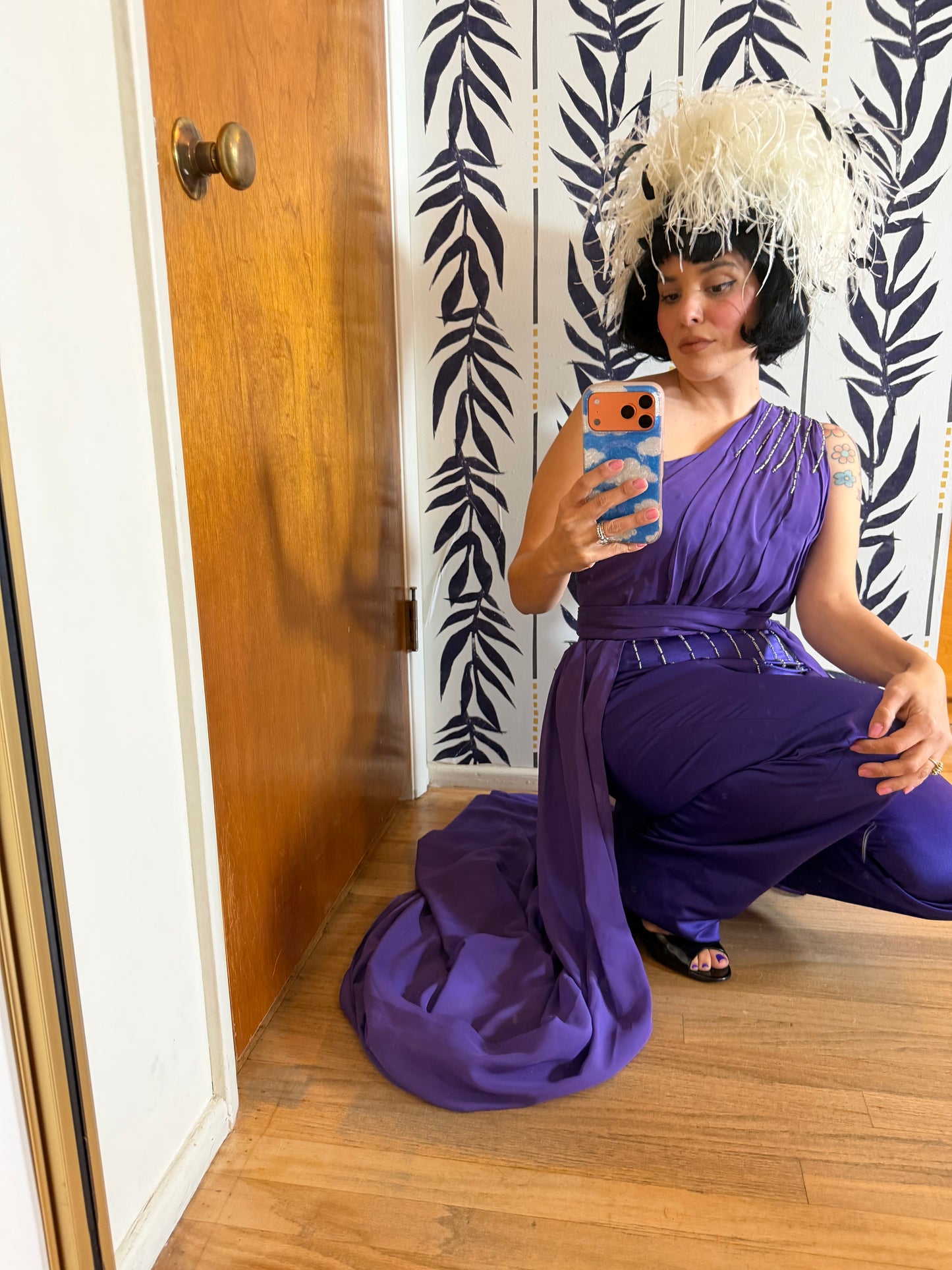 70s/ 80s One Shoulder Custom Purple w/ embellishBeading Jumpsuit with a matching Maxi Skirt Set S-M