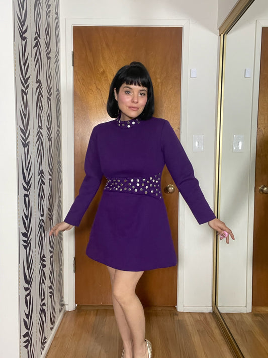 Vintage 60s Purple Studded Mini Dress - Best Fits Size XS-M