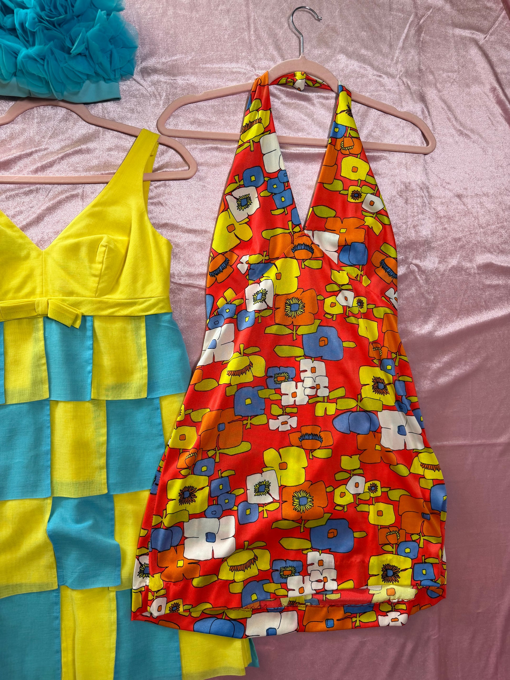Vintage 60s Vibrant Flower Power Halter Dress Fits XS-M