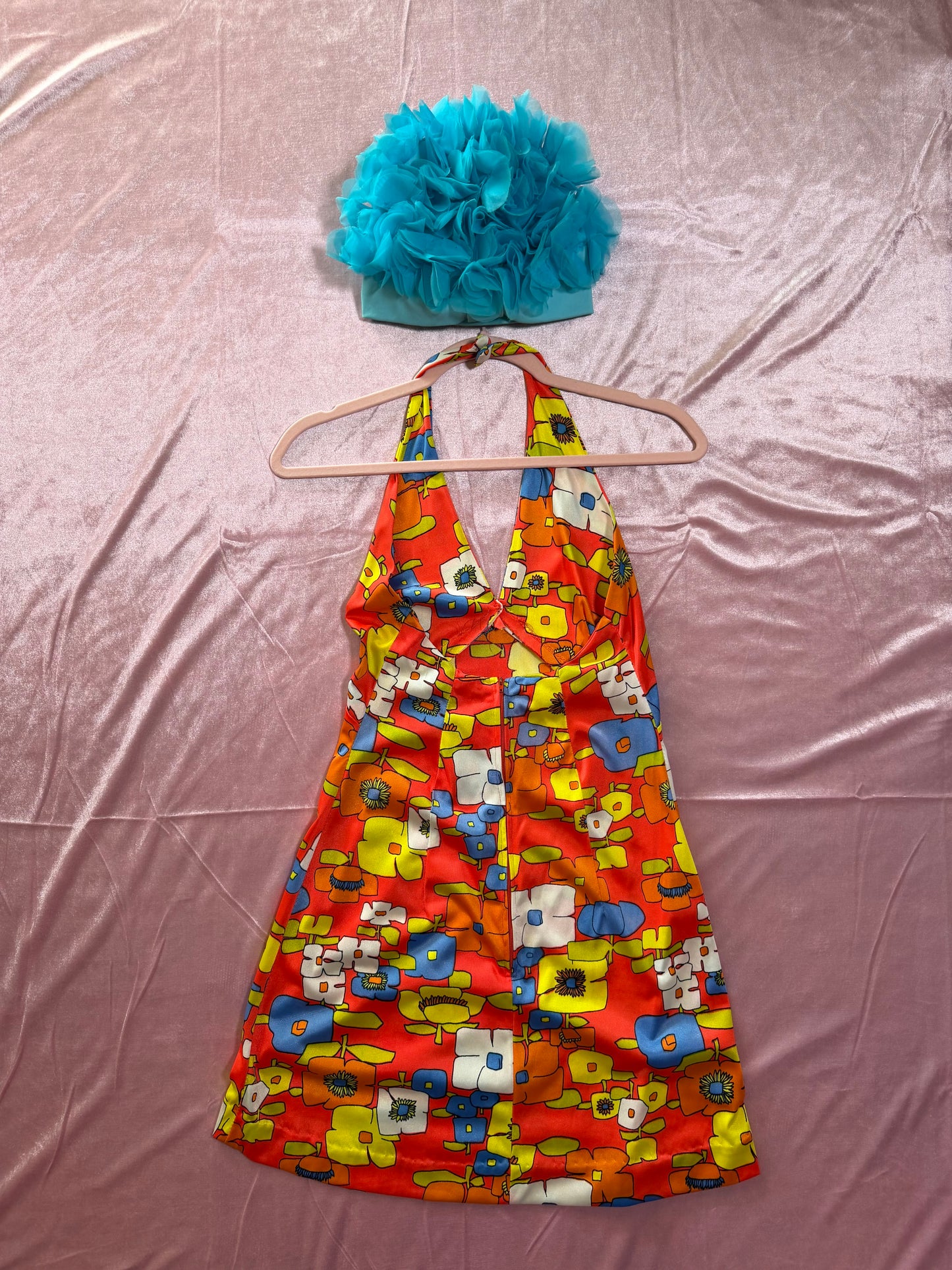 Vintage 60s Vibrant Flower Power Halter Dress Fits XS-M