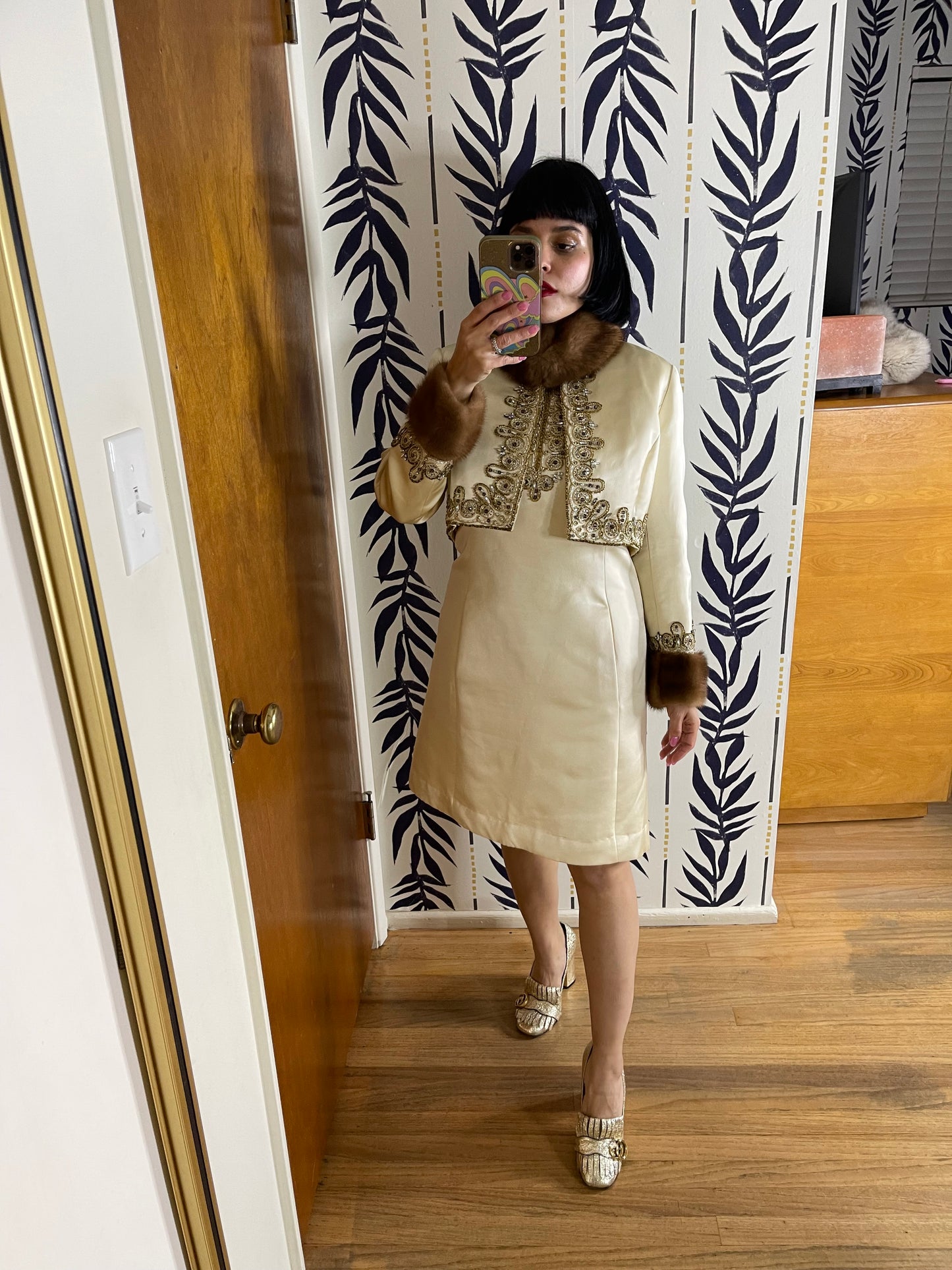 Vintage 60s “Victoria Royal Ltd.” Ivory Beaded Matching Jacket and Dress Set with Genuine Animal Hair Best Fits Sizes M-L