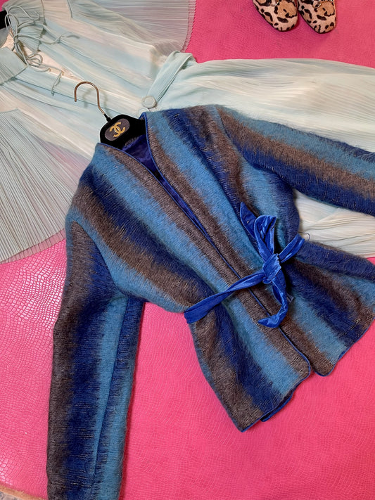 Vintage 60s Fuzzy Blue Striped Jacket - Best Fits Up To Size M