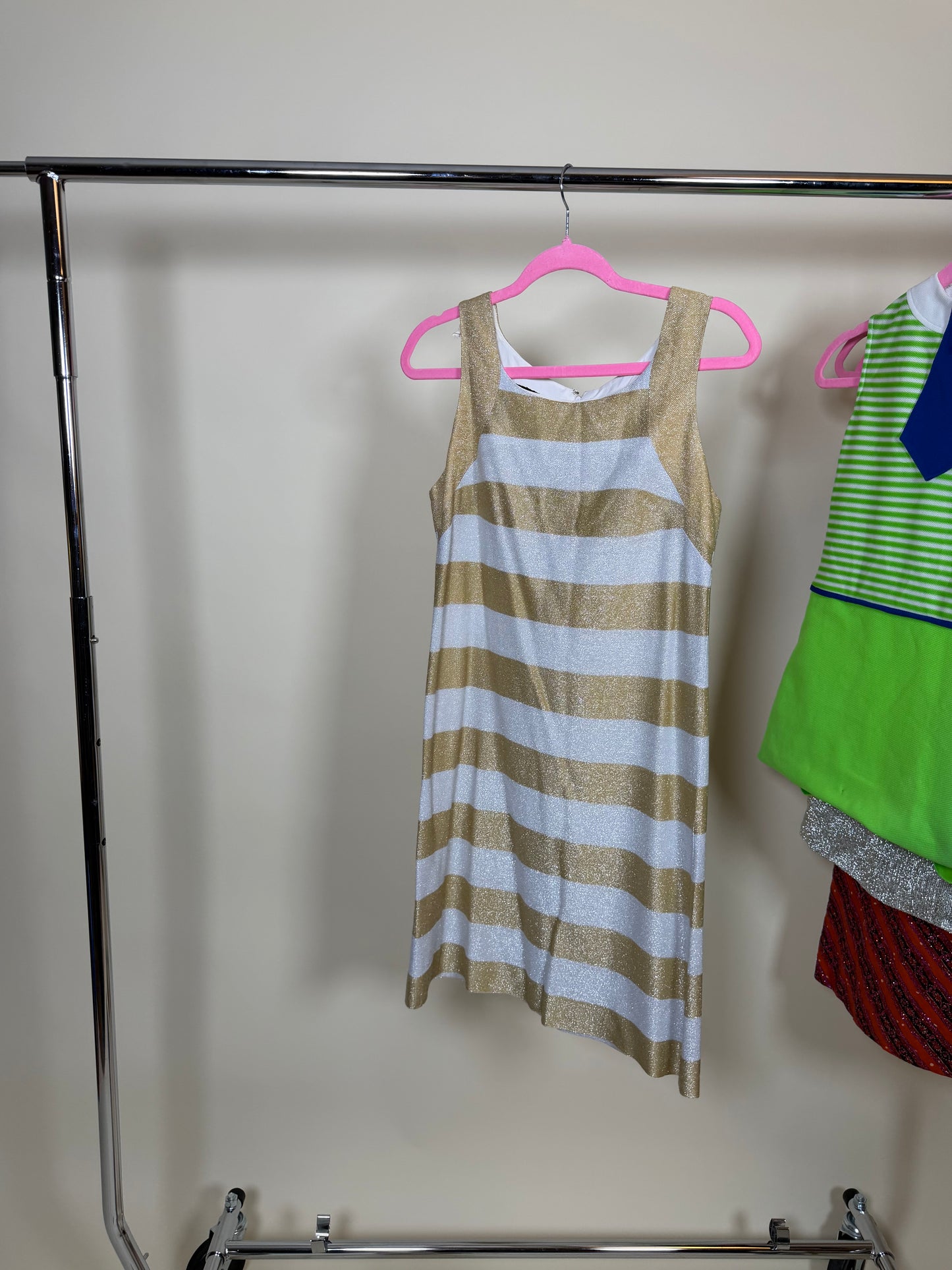 60s Vintage MOD Silver and Gold Striped Metallic Dress by Simon Massey London Fits XS-SM and possible size M