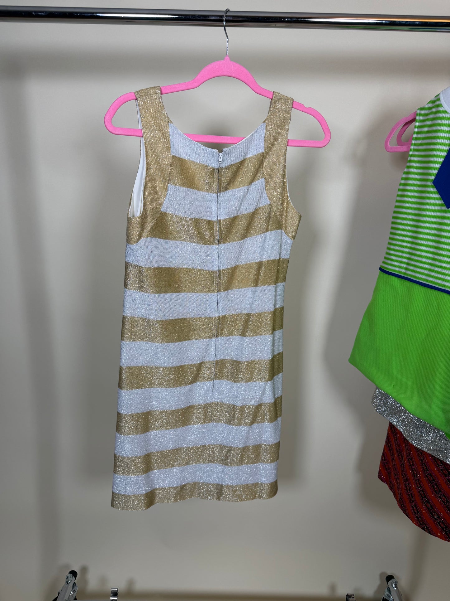 60s Vintage MOD Silver and Gold Striped Metallic Dress by Simon Massey London Fits XS-SM and possible size M