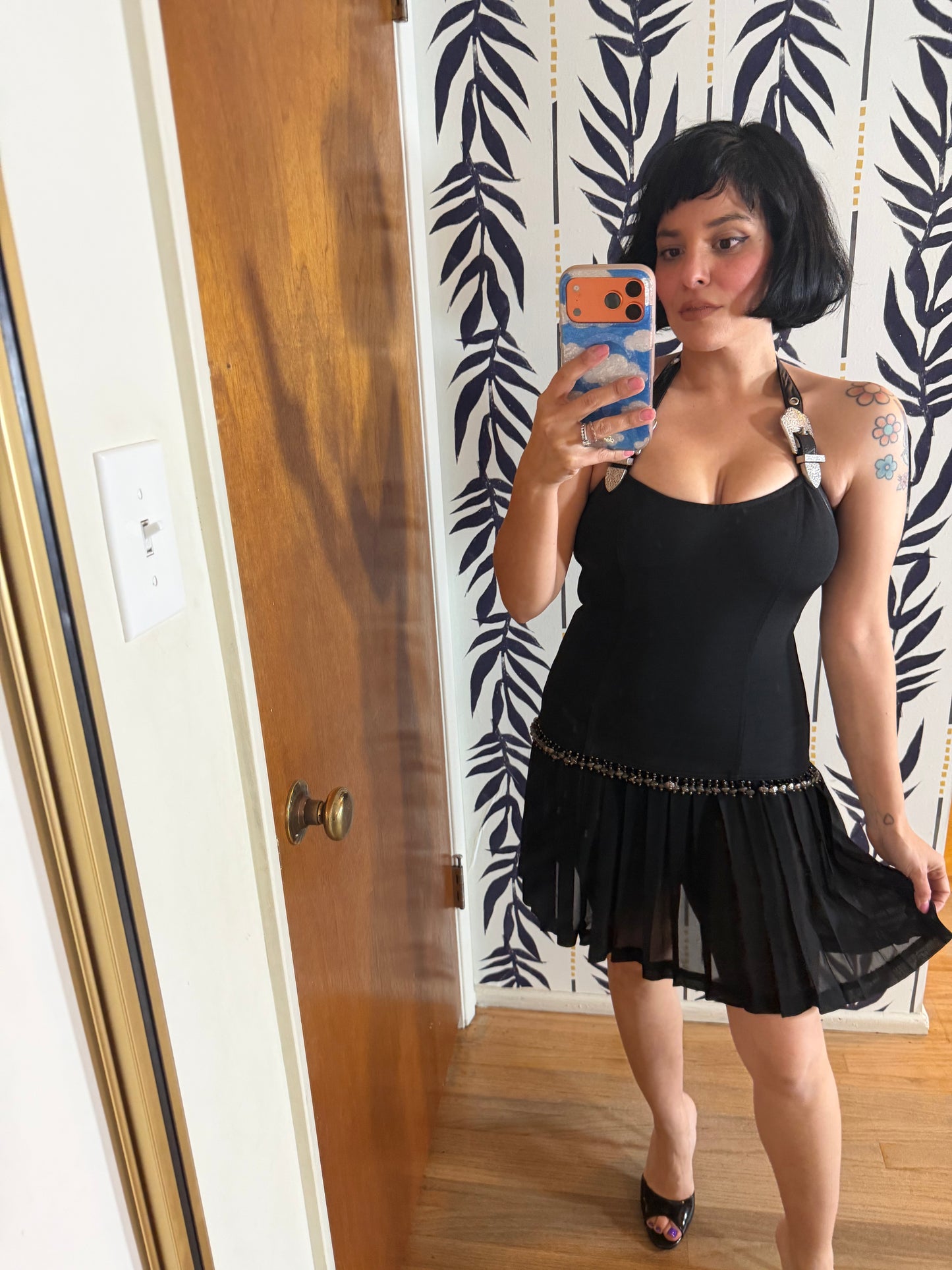80/90s John Murrough Leather Strap Halter Silver Buckle Western Inspired Cocktail Dress XS-SM