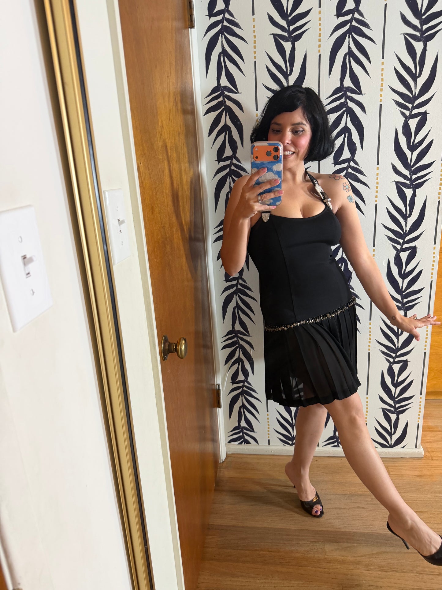 80/90s John Murrough Leather Strap Halter Silver Buckle Western Inspired Cocktail Dress XS-SM
