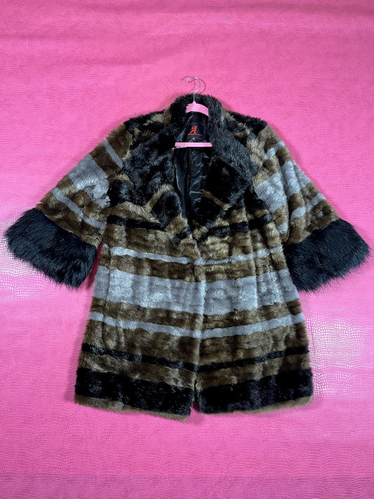 Vintage 90s Y2K "Adrienne Landau" Striped Faux Fur Coat - Fits Most Sizes