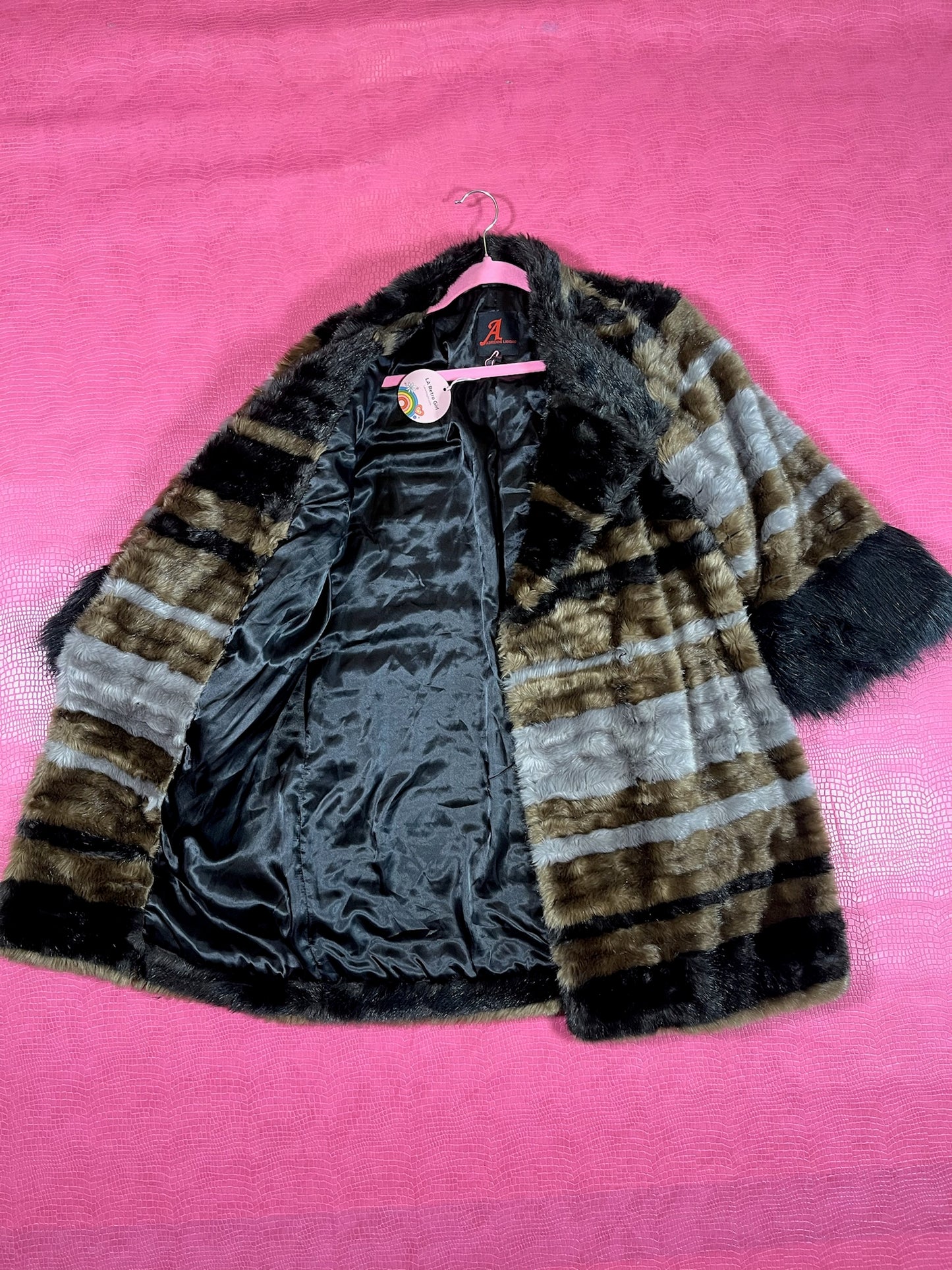 Vintage 90s Y2K "Adrienne Landau" Striped Faux Fur Coat - Fits Most Sizes