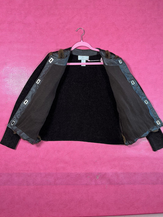 Vintage 80s "Lisa International" Leather & Faux Fur Knit Cardigan - Best Fits Size XS-M, Possible L