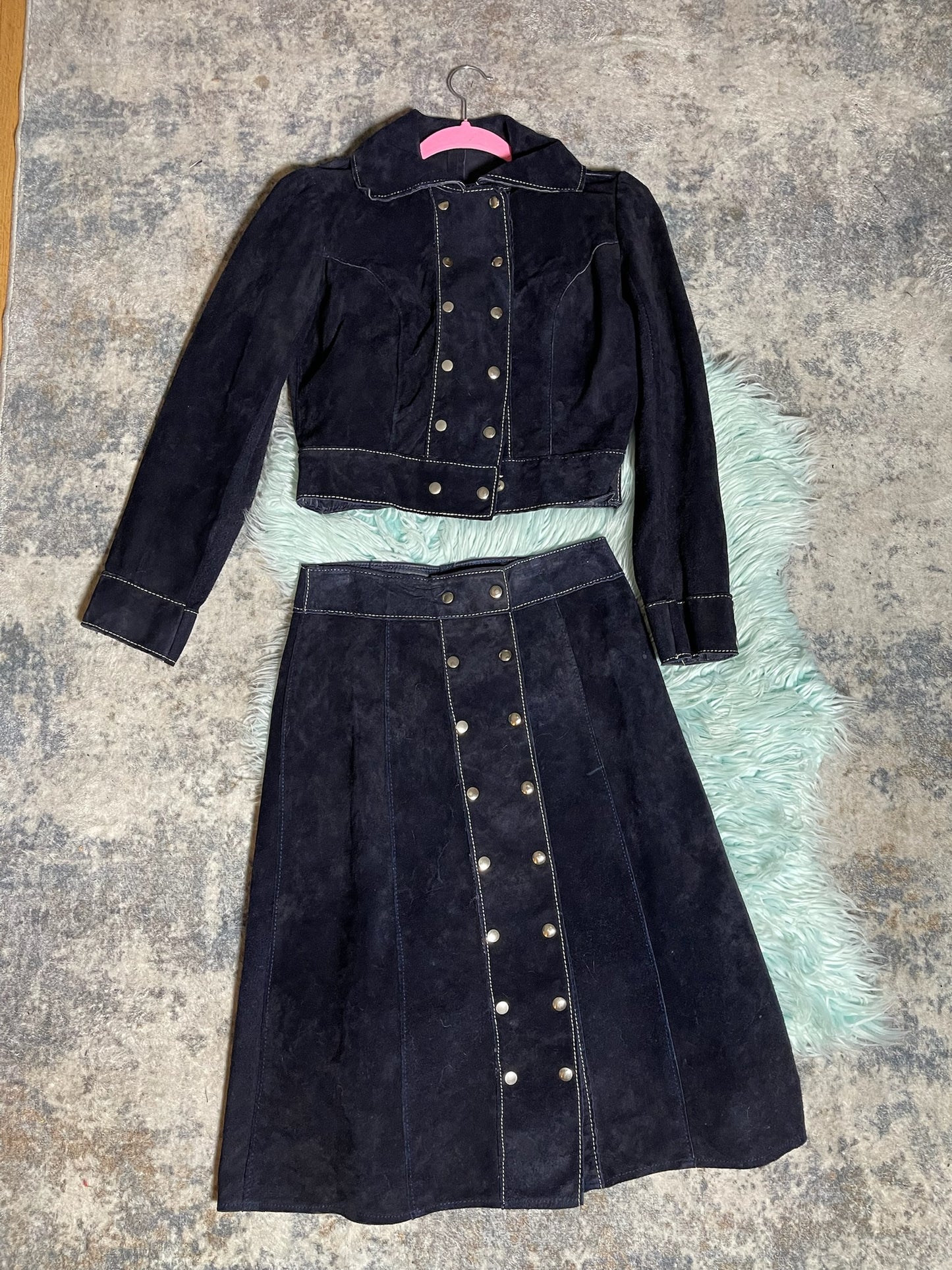 Vintage 70s Navy Blue Suede Skirt Set - Best Fits Size XS