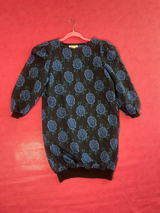 Vintage 80s Blue Rose Knit Dress - Fits Up To Size L, Possibly XL