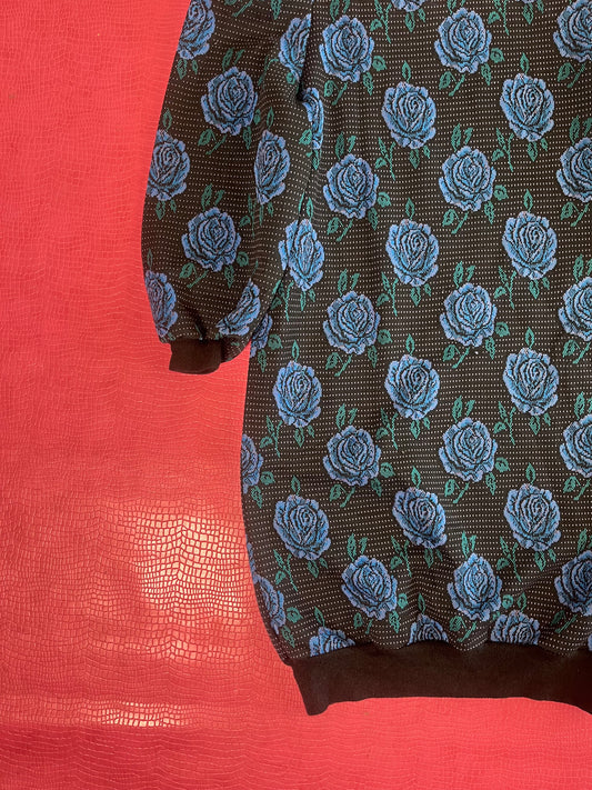 Vintage 80s Blue Rose Knit Dress - Fits Up To Size L, Possibly XL