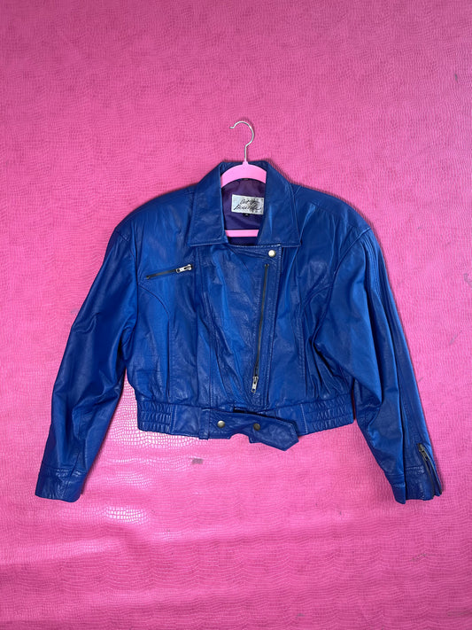 Vintage 80s "Out Of Bounds" Blue Leather Jacket - Fits Up To Size M