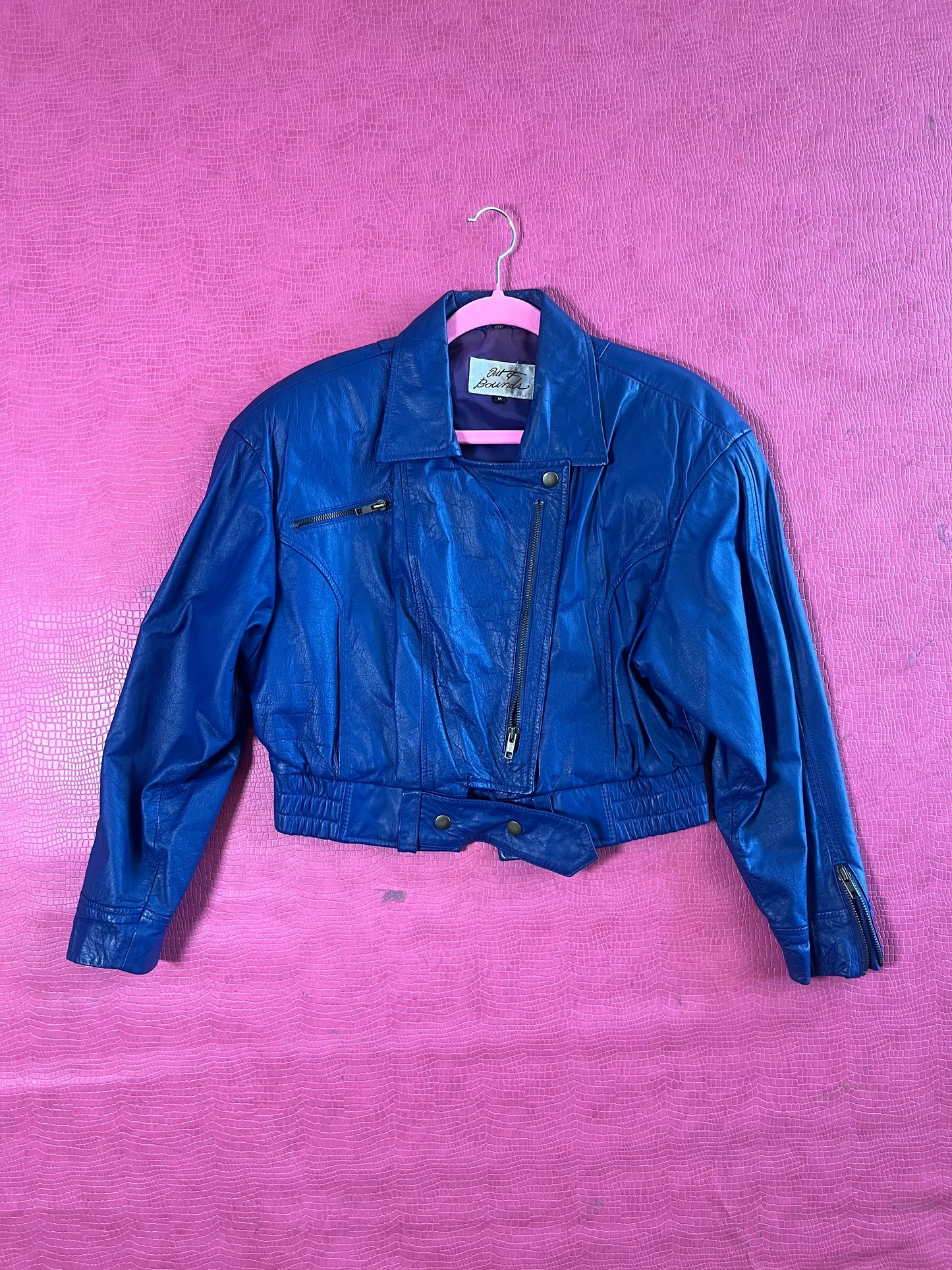 Vintage 80s "Out Of Bounds" Blue Leather Jacket - Fits Up To Size M